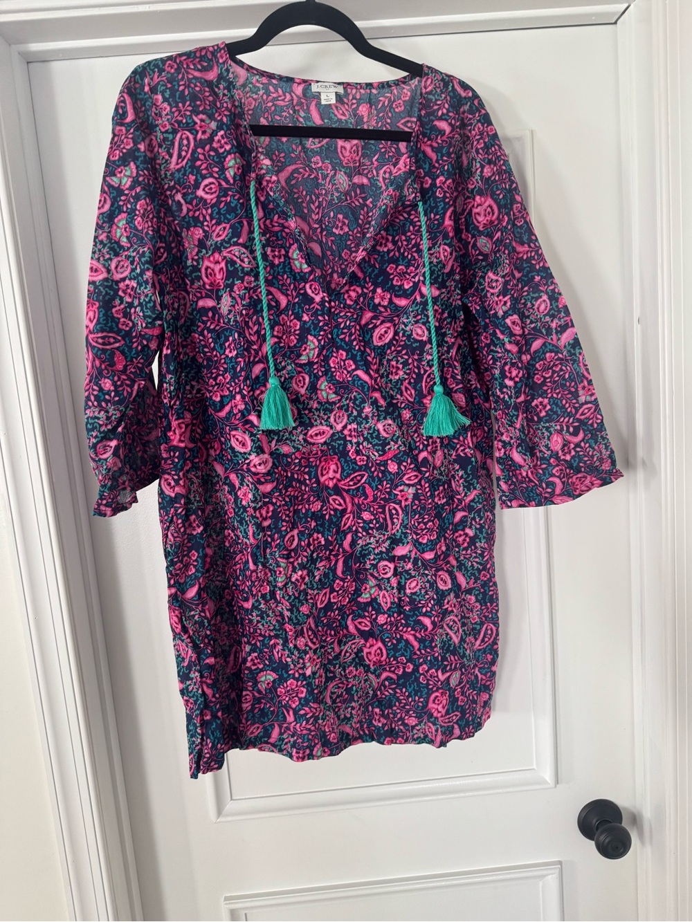 J. Crew Factory Navy and Pink Floral Swim Coverup with Teal Tassels